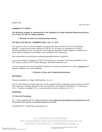 UL 495 BULLETIN-2017 Ul Standard For Safety Power-Operated Dispensing Devices For Lp-Gas (Comments Due: July 31, 2017)