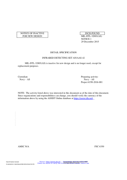 NAVY MIL-DTL-32003 NOTICE 1-2015 Infrared Detecting Set An/Aas-42
