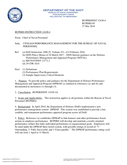 NIDS BUPERS 12430.4-2018 (Bupers-05) Civilian Performance Management For The Bureau Of Naval Personnel