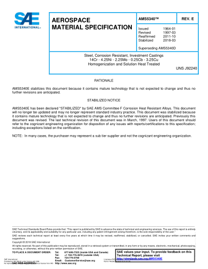 SAE AMS5340E-2018 Steel,Corrosion Resistant,Investment Castings 14Cr - 4.25Ni - 2.25Mo - 0.25Cb - 3.25Cu Homogenization And Solution Heat Treated (Uns J92240)