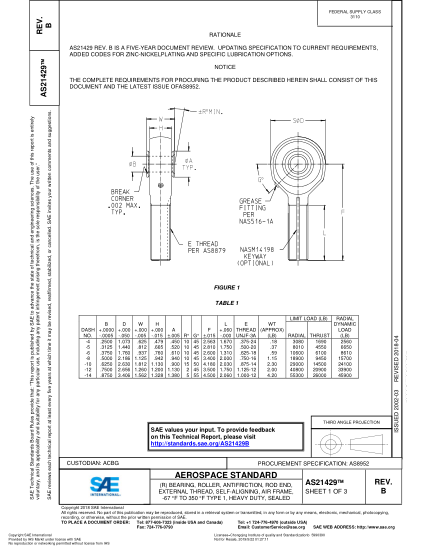 SAE AS21429B-2018 (R) Bearing,Roller,Antifriction,Rod End,External Thread,Self-Aligning,Air Frame,-67 °F To 350 °F Type 1,Heavy Duty,Sealed