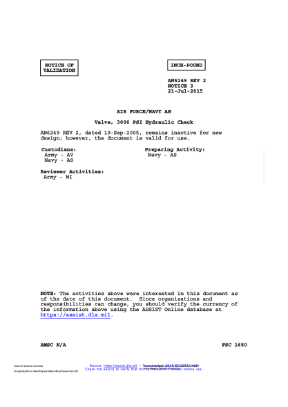 NAVY AN6249 REV 2 VALID NOTICE 3-2015 Valve,3000 Psi Hydraulic Check