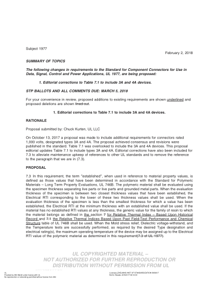 UL 1977 BULLETIN-2018 Ul Standard For Safety Component Connectors For Use In Data, Signal, Control And Power Applications (Comments Due: March 5, 2018)