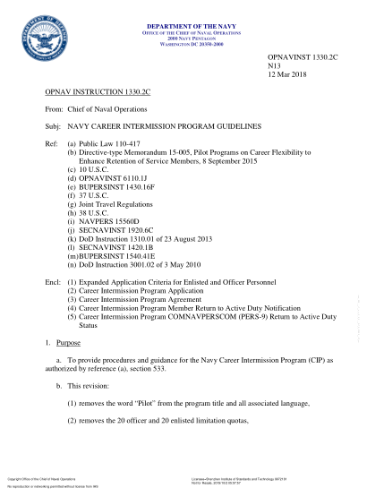 NIDS OPNAV 1330.2C-2018 (N13) Navy Career Intermission Pilot Program Guidelines