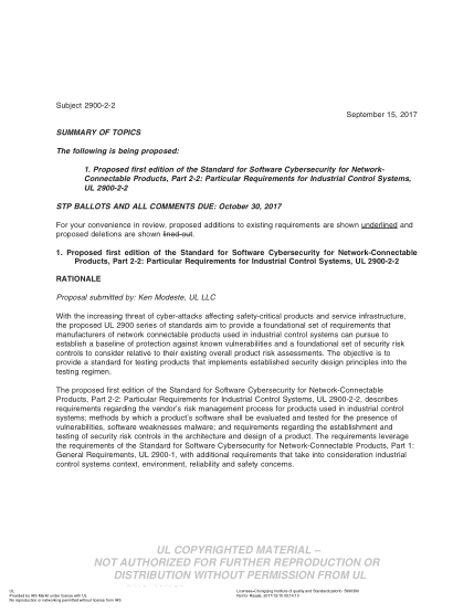 UL 2900-2-2 BULLETIN-2017 UL Standard for Safety Technical Panel for Software Cybersecurity for Network-Connectable Products (COMMENTS DUE:October 30,2017)