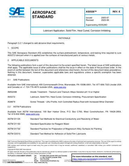 SAE AS5528E-2020 Lubricant Application, Solid Film, Heat Cured, Corrosion Inhibiting