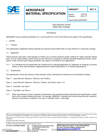 SAE AMS2280D-2019 Trace Element Control Nickel Alloy Castings