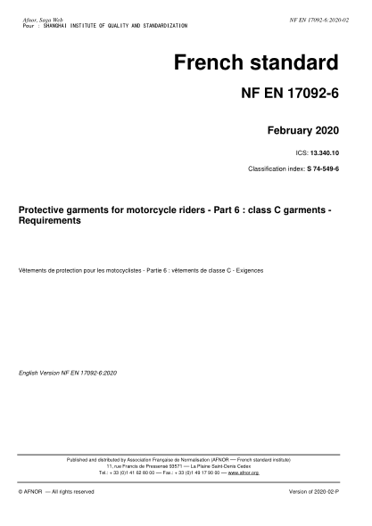 NF EN 17092-6-2020 Protective garments for motorcycle riders - Part 6 : class C garments - Requirements