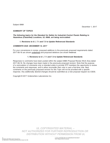 UL 698A BULLETIN/2-2017 UL Standard for Safety Standard for Industrial Control Panels Relating to Hazardous (Classified) Locations (COMMENTS DUE: DECEMBER 15, 2017)