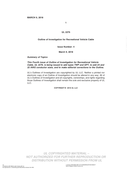 UL SUBJECT 2276-2018 Ul Outline Of Investigation For Recreational Vehicle Cable (Issue 4)