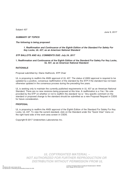 UL 437 BULLETIN-2017 Ul Standard For Safety Key Locks (Comments Due: July 24, 2017)