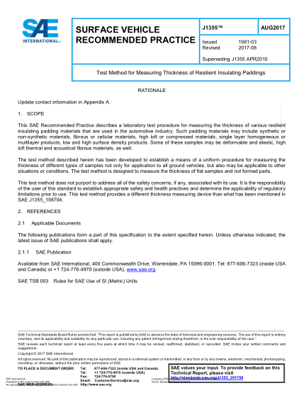 SAE J1355-2017 Test Method For Measuring Thickness Of Resilient Insulating Paddings
