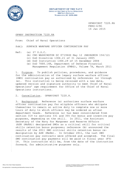 NIDS OPNAV 7220.8A-2015 (Pers-4/N1) Surface Warfare Officer Continuation Pay