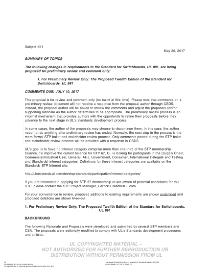 UL 891 BULLETIN/2-2017 Ul Standard For Safety Switchboards (Comments Due: July 10, 2017)