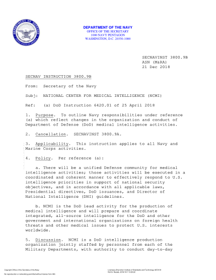 NIDS SECNAV 3800.9B-2018 (Asn (M&Ra)) National Center For Medical Intelligence (Ncmi)