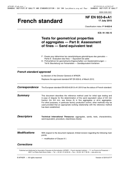 NF P18-622-8-2015 Tests for geometrical properties of aggregates - Part 8 - assessment of fines - Sand equivalent test