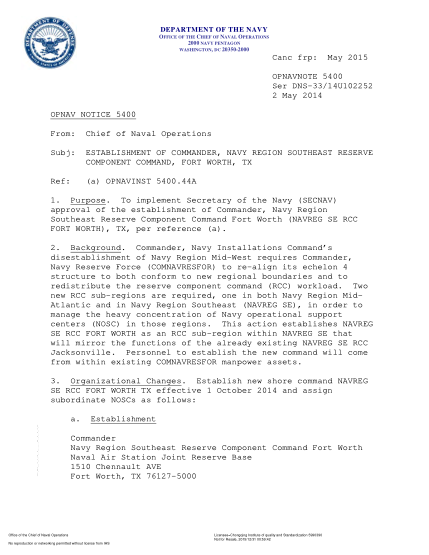 NIDS OPNAV NOTE 5400 14U102252-2014 (Ser Dns-33/14U102254) Disestablishment Of Construction Battalion Maintenance Unit 202 Detachment Kings Bay Ga