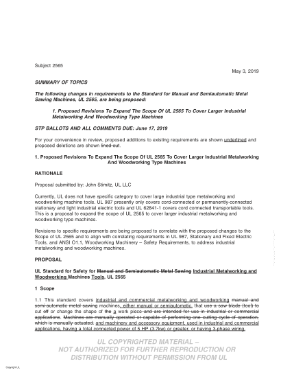 UL 2565 BULLETIN/2-2019 UL Standard For Safety Manual And Semiautomatic Metal Sawing Machines (Comments Due: June 17, 2019)