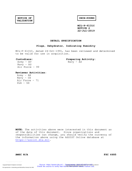 NAVY MIL-P-6131C VALID NOTICE 2-2019 Plugs, Dehydrator, Indicating Humidity