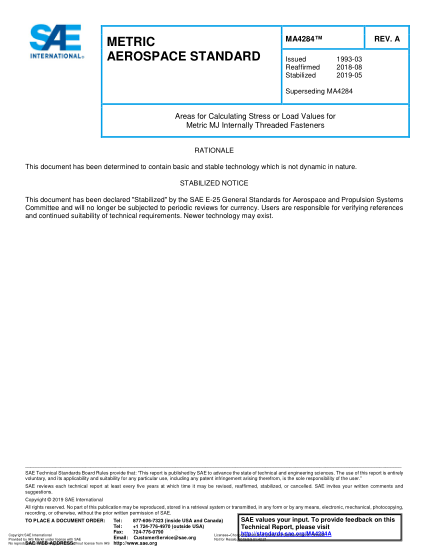 SAE MA4284A-2019 Areas For Calculating Stress Or Load Values For Metric Mj Internally Threaded Fasteners