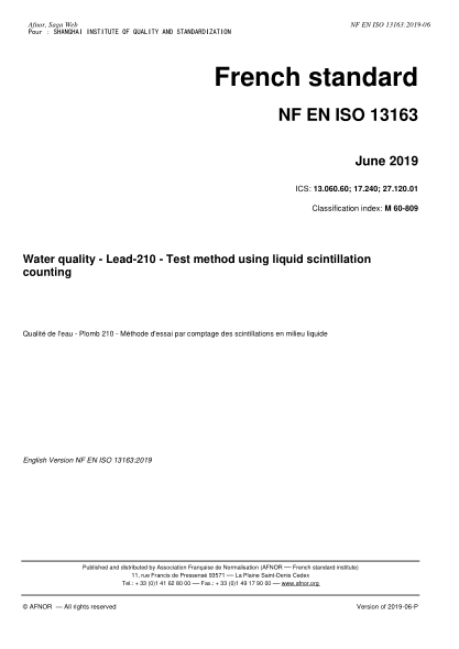 NF M60-809-2019 Water quality - Lead-210 - Test method using liquid scintillation counting