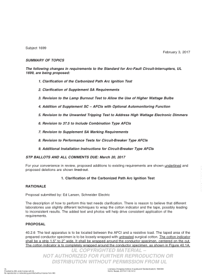UL 1699 BULLETIN-2017 UL Standard For Safety Arc-Fault Circuit-Interrupters (Comments Due: March 20, 2017)