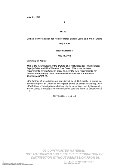 UL SUBJECT 2277-2018 UL Outline For Investigation Flexible Motor Supply Cable And Wind Turbine (Issue 4)