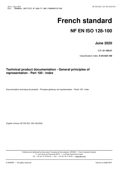 NF EN ISO 128-100-2020 Technical product documentation - General principles of representation - Part 100 : index