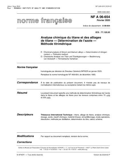 NF A06-654-2020 Chemical analysis of titnium and titanium alloys - Determination of nitrogen content - Titrimetric method