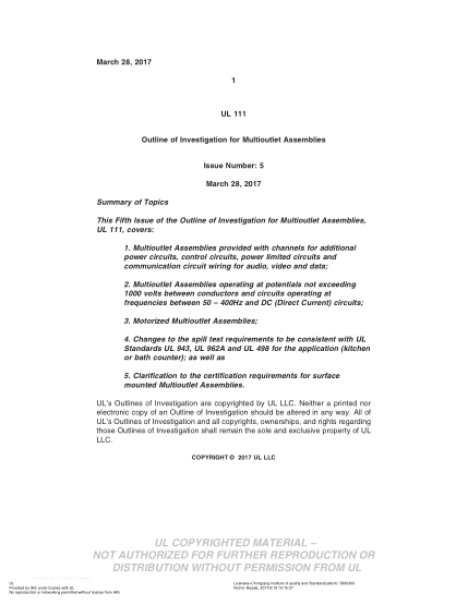 UL SUBJECT 111-2017 Outline Of Investigation For Multioutlet Assemblies (Issue 5)
