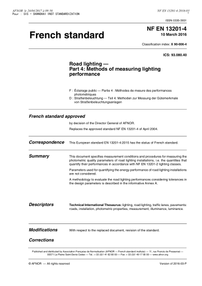 NF EN 13201-4-2016 Road lighting - Part 4 - methods of measuring lighting performance