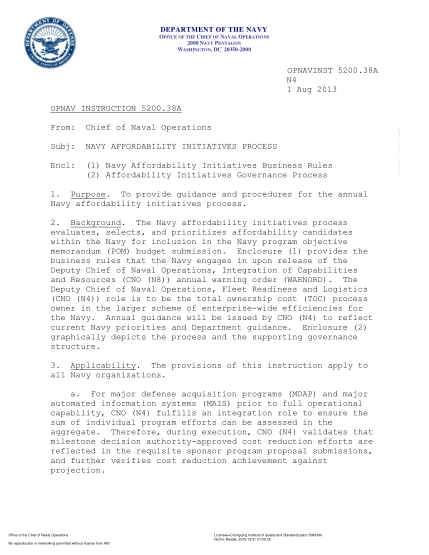 NIDS OPNAV 5200.38A-2013 (N4) Navy Affordability Initiatives Process