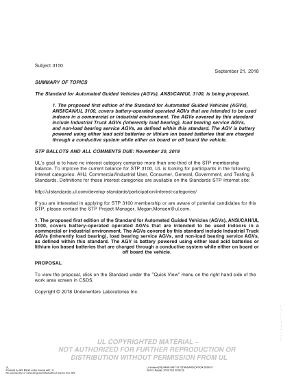 UL 3100 BULLETIN/2-2018 UL Outline For Investigation Automated Guides Vehicles (Agvs) (Comments Due: November 20, 2018)
