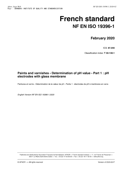 NF EN ISO 19396-1-2020 Paints and varnishes - Determination of pH value - Part 1 : pH electrodes with glass membrane