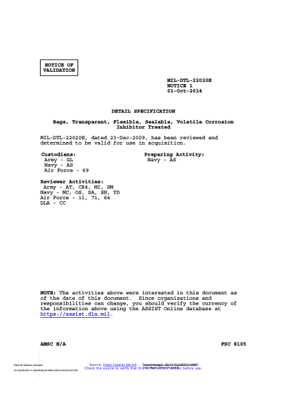 NAVY MIL-DTL-22020E VALID NOTICE 1-2014 Bags,Transparent,Flexible,Sealable,Volatile Corrosion Inhibitor Treated