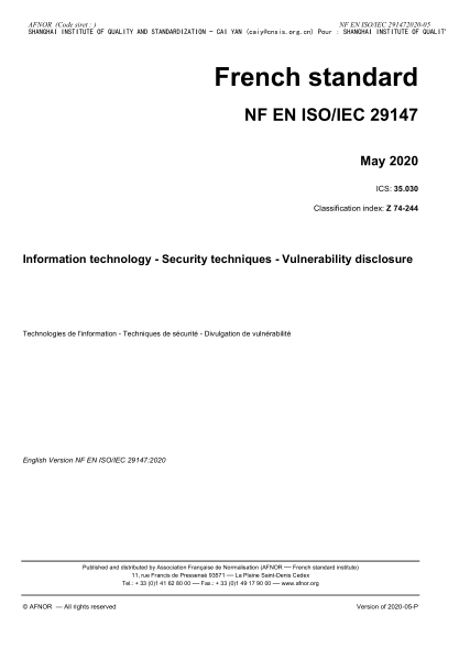 NF Z74-244-2020 Information technology - Security techniques - Vulnerability disclosure