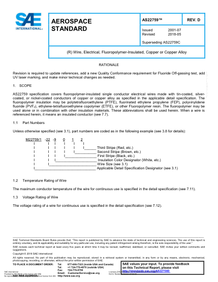 SAE AS22759D-2018 (R) Wire, Electrical, Fluoropolymer-Insulated, Copper Or Copper Alloy