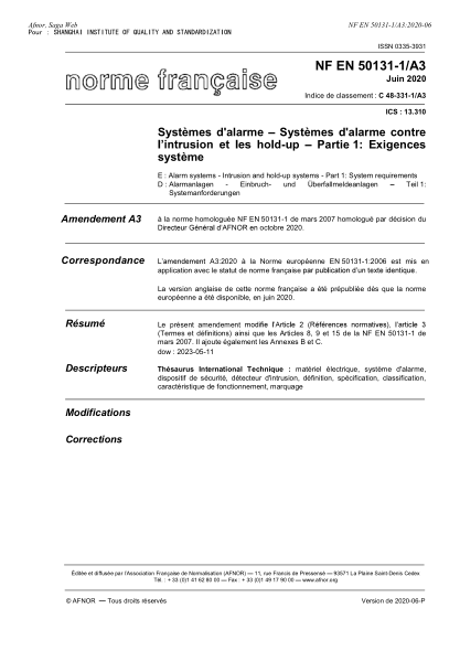 NF C48-331-1/A3-2020 Alarm systems - Intrusion and hold-up systems - Part 1 : system requirements