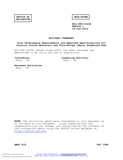 NAVY MIL-STD-1623E VALID NOTICE 1-2015 Fire Performance Requirements and Approved Specifications for Interior Finish Materials and Furnishings (Naval Shipboard Use)