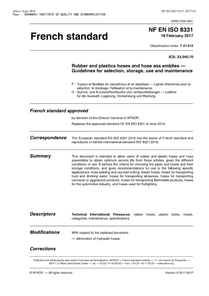NF EN ISO 8331-2017 Rubber and plastics hoses and hose assemblies - Guidelines for selection, storage, use and maintenance