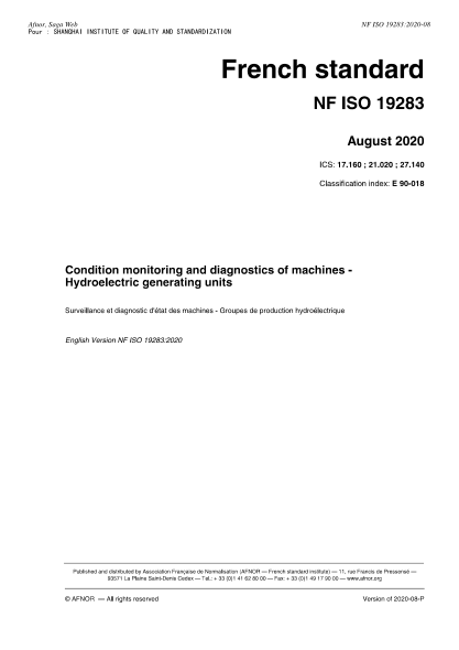NF E90-018-2020 Condition monitoring and diagnostics of machines - Hydroelectric generating units