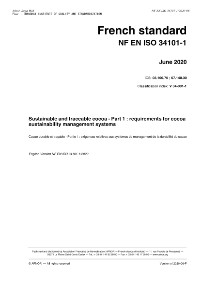 NF V34-001-1-2020 Sustainable and traceable cocoa - Part 1 : requirements for cocoa sustainability management systems