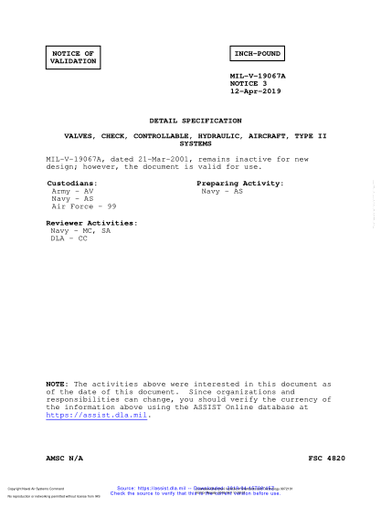 NAVY MIL-V-19067A VALID NOTICE 3-2019 Valves, Check, Controllable, Hydraulic, Aircraft, Type Ii Systems