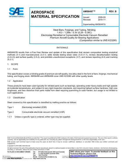SAE AMS6497B-2018 Steel Bars, Forgings, And Tubing, Nitriding 1.4Cr - 1.2Mo - 0.3V (0.29 - 0.36C) Electroslag Remelted Or Consumable Electrode Vacuum Remelted Premium Aircraft-Quality For Bearing Applications (Uns K23280)