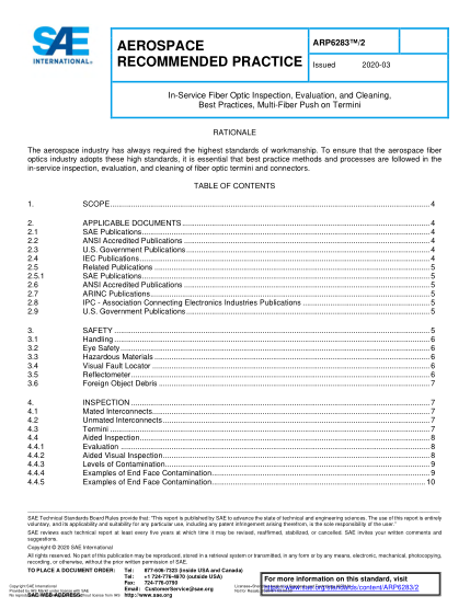 SAE ARP6283/2-2020 In-Service Fiber Optic Inspection, Evaluation, And Cleaning, Best Practices, Multi-Fiber Push On Termini
