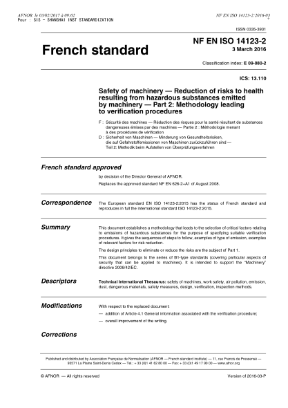 NF E09-080-2-2016 Safety of machinery - Reduction of risks to health resulting from hazardous substances emitted by machinery - Part 2 - methodology leading to verification procedures