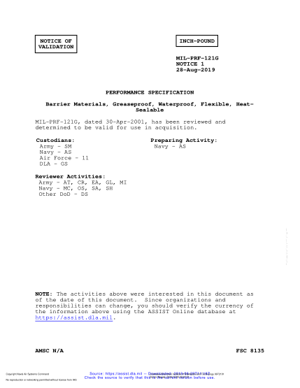 NAVY MIL-PRF-121G VALID NOTICE 1-2019 Barrier Materials, Greaseproof, Waterproof, Flexible, Heat- Sealable