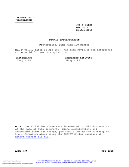 NAVY MIL-P-85121 VALID NOTICE 2-2019 Projectiles, 20Mm Mark 100 Series