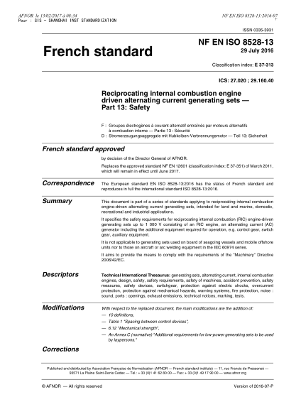 NF E37-313-2016 Reciprocating internal combustion engine driven alternating current generating sets - Part 13 - safety