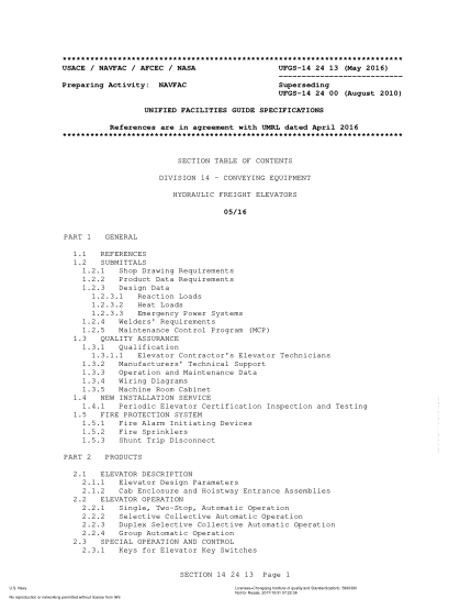 NAVY UFGS-14 24 13-2016 Hydraulic Freight Elevators (Incorporating Change 1: May 1, 2018)